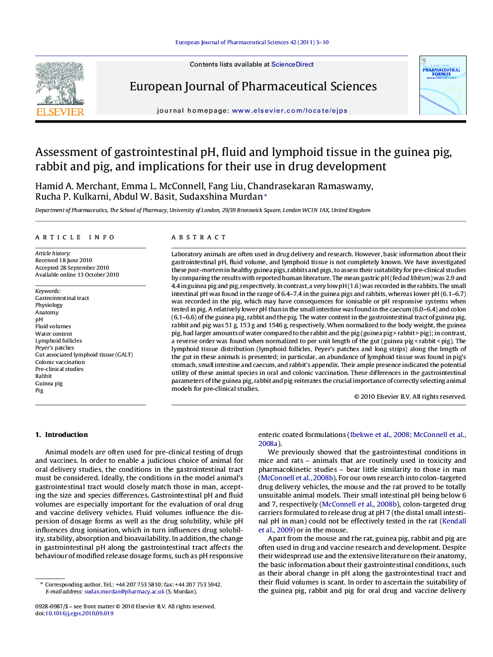 Assessment of gastrointestinal pH, fluid and lymphoid tissue in the guinea pig, rabbit and pig, and implications for their use in drug development