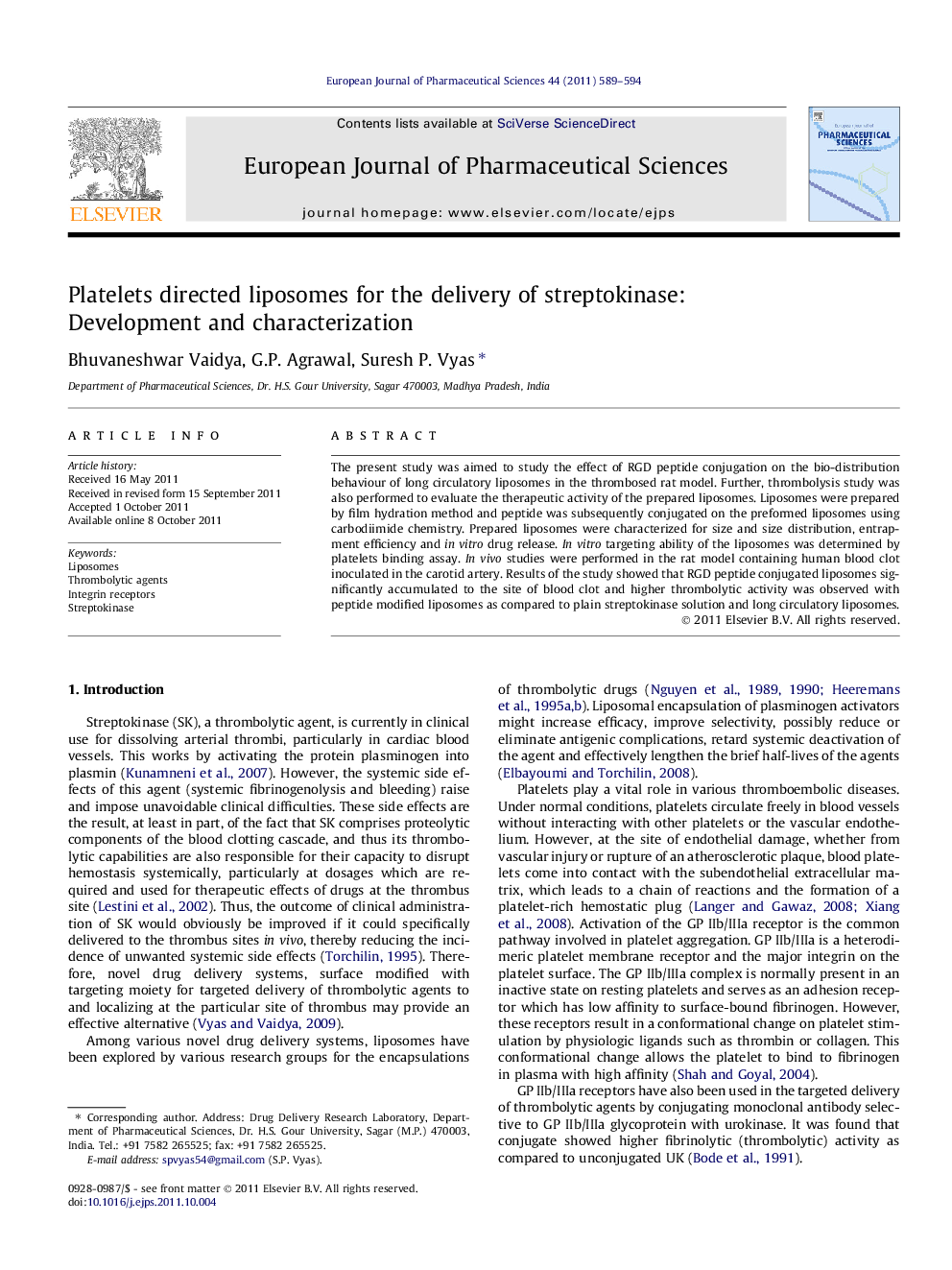 Platelets directed liposomes for the delivery of streptokinase: Development and characterization