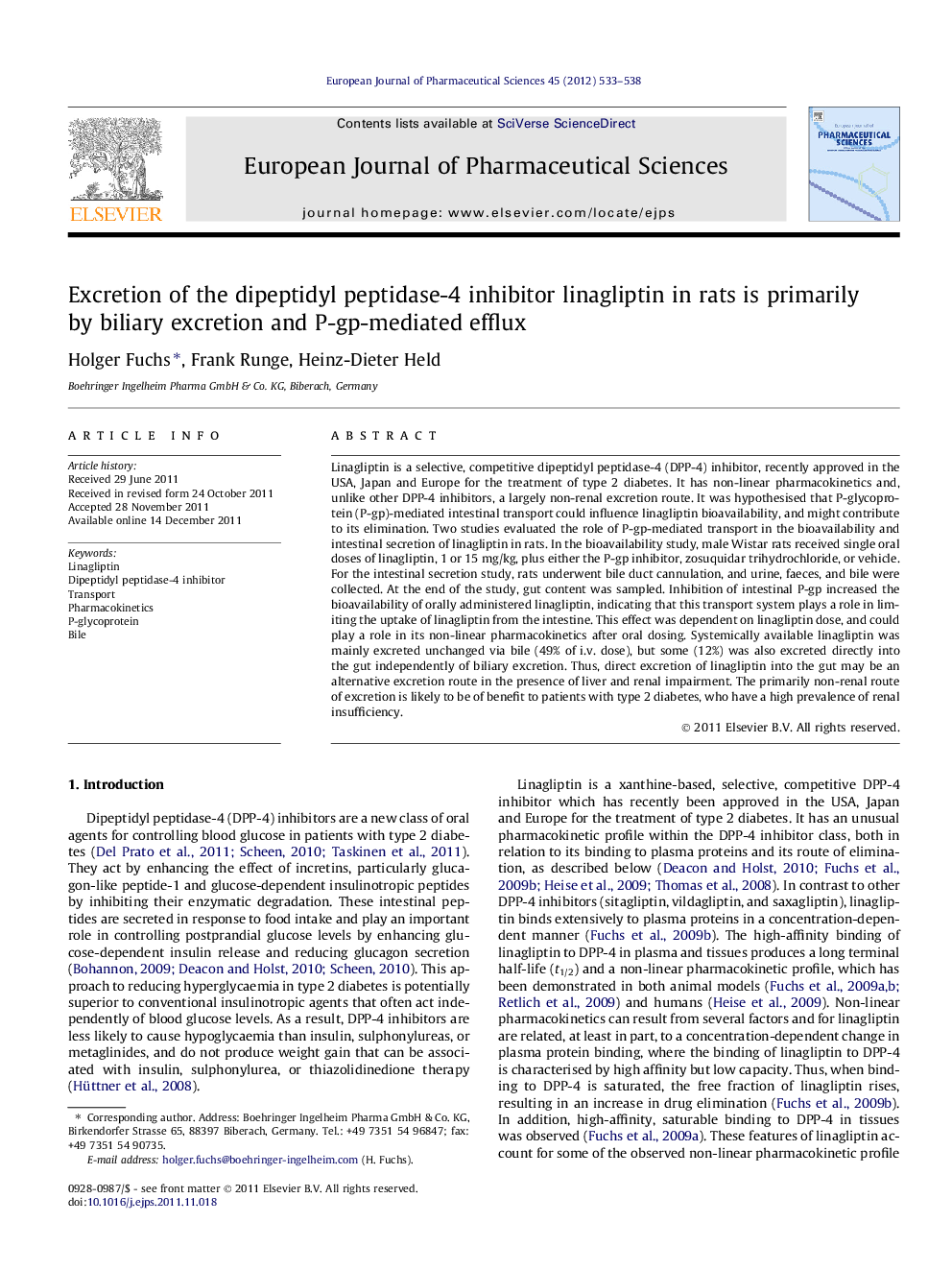 Excretion of the dipeptidyl peptidase-4 inhibitor linagliptin in rats is primarily by biliary excretion and P-gp-mediated efflux