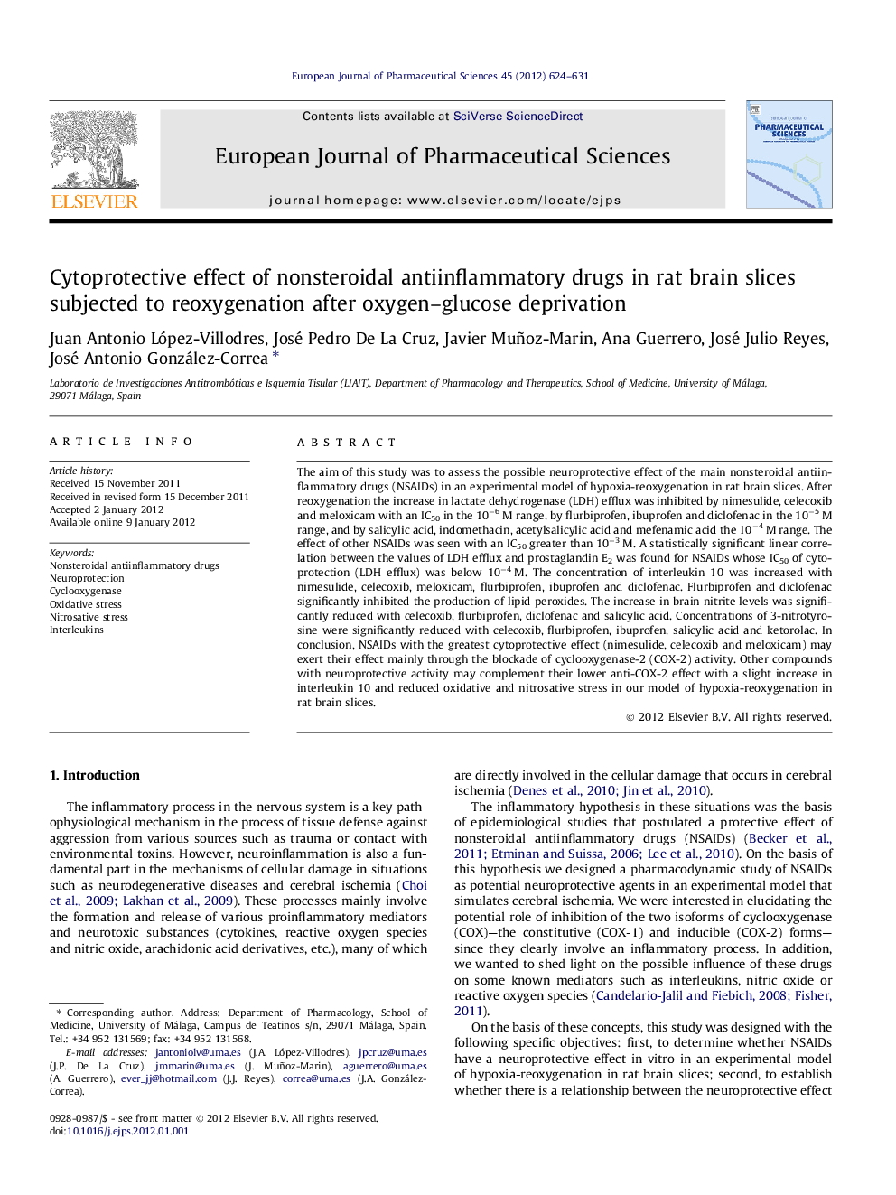 Cytoprotective effect of nonsteroidal antiinflammatory drugs in rat brain slices subjected to reoxygenation after oxygen–glucose deprivation