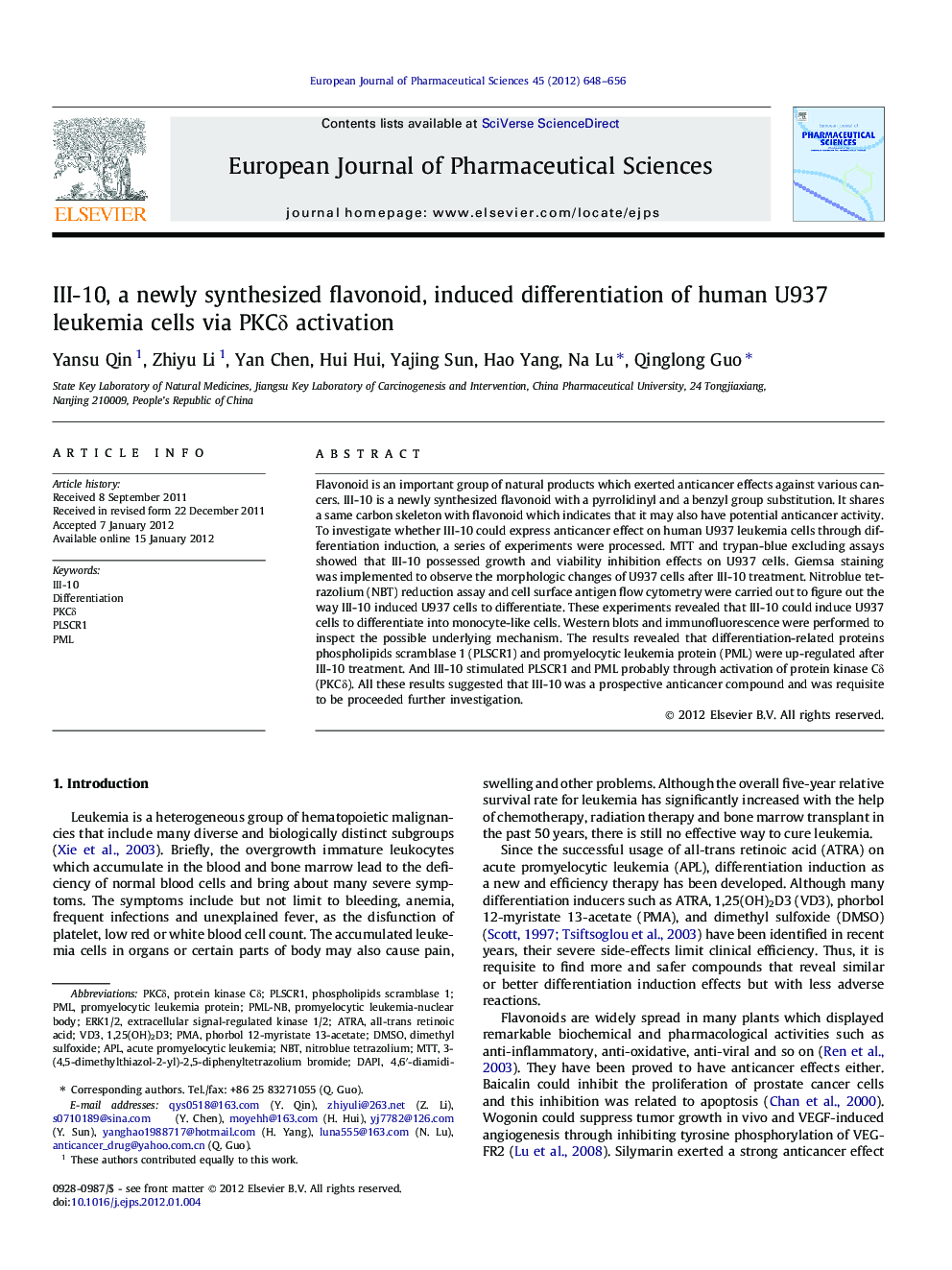 III-10, a newly synthesized flavonoid, induced differentiation of human U937 leukemia cells via PKCδ activation