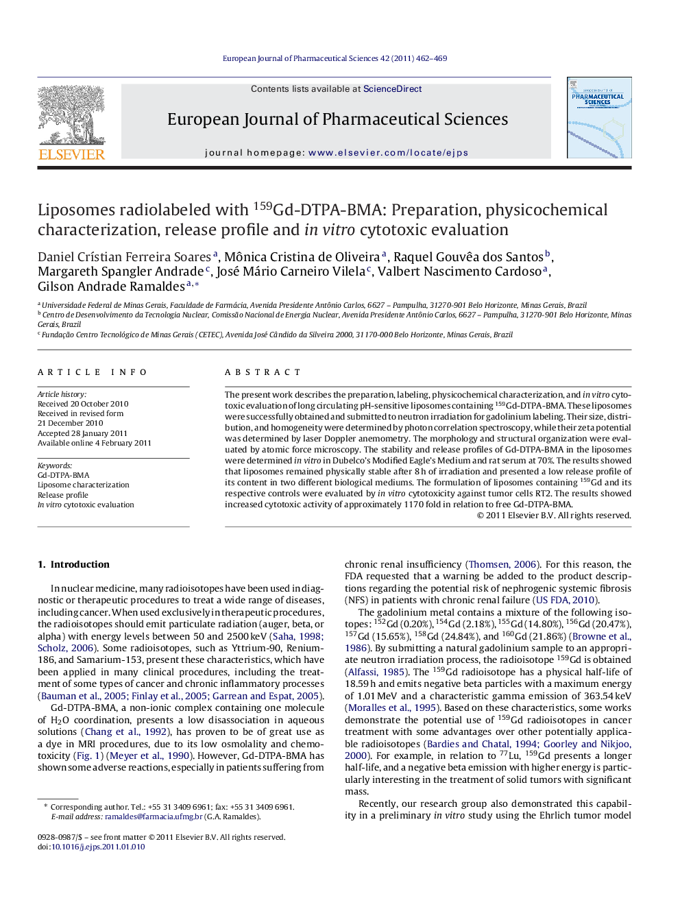 Liposomes radiolabeled with 159Gd-DTPA-BMA: Preparation, physicochemical characterization, release profile and in vitro cytotoxic evaluation