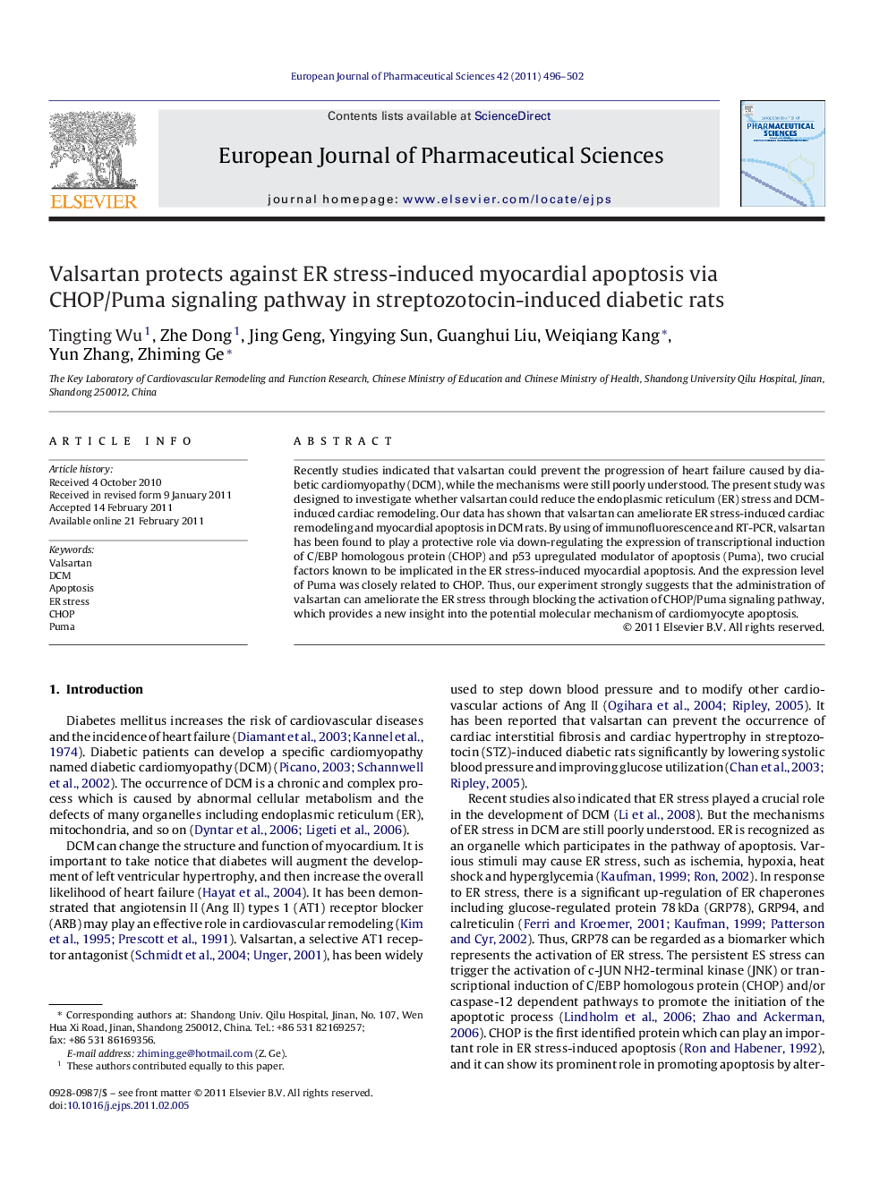 Valsartan protects against ER stress-induced myocardial apoptosis via CHOP/Puma signaling pathway in streptozotocin-induced diabetic rats