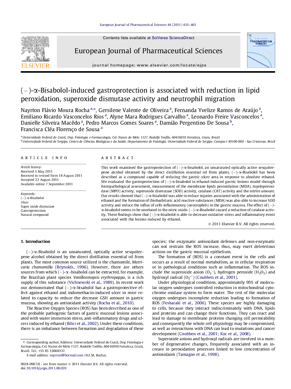 (−)-α-Bisabolol-induced gastroprotection is associated with reduction in lipid peroxidation, superoxide dismutase activity and neutrophil migration