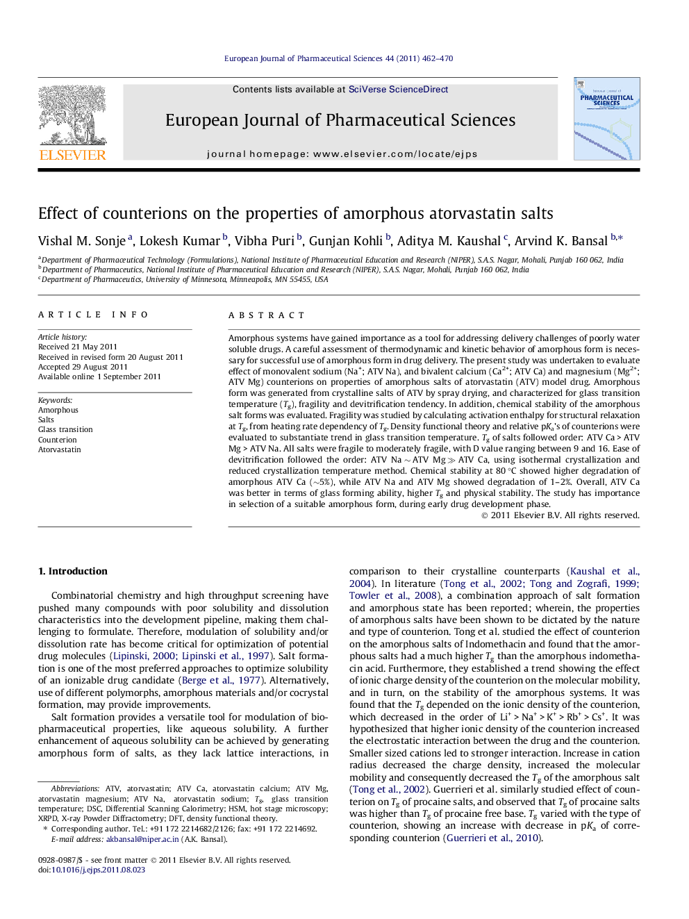 Effect of counterions on the properties of amorphous atorvastatin salts