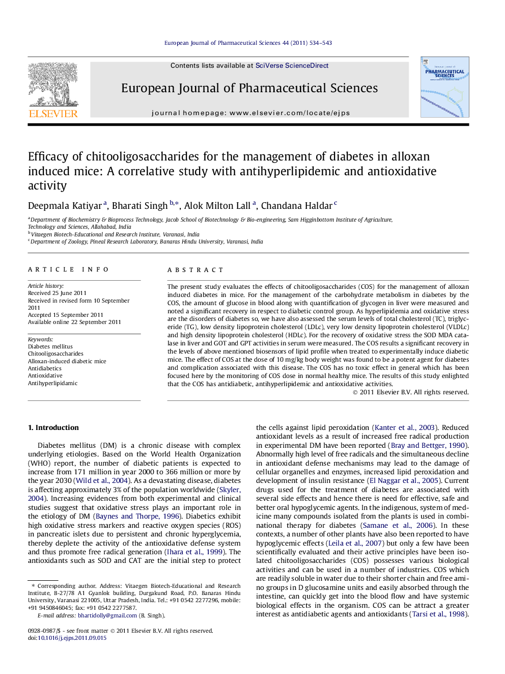 Efficacy of chitooligosaccharides for the management of diabetes in alloxan induced mice: A correlative study with antihyperlipidemic and antioxidative activity