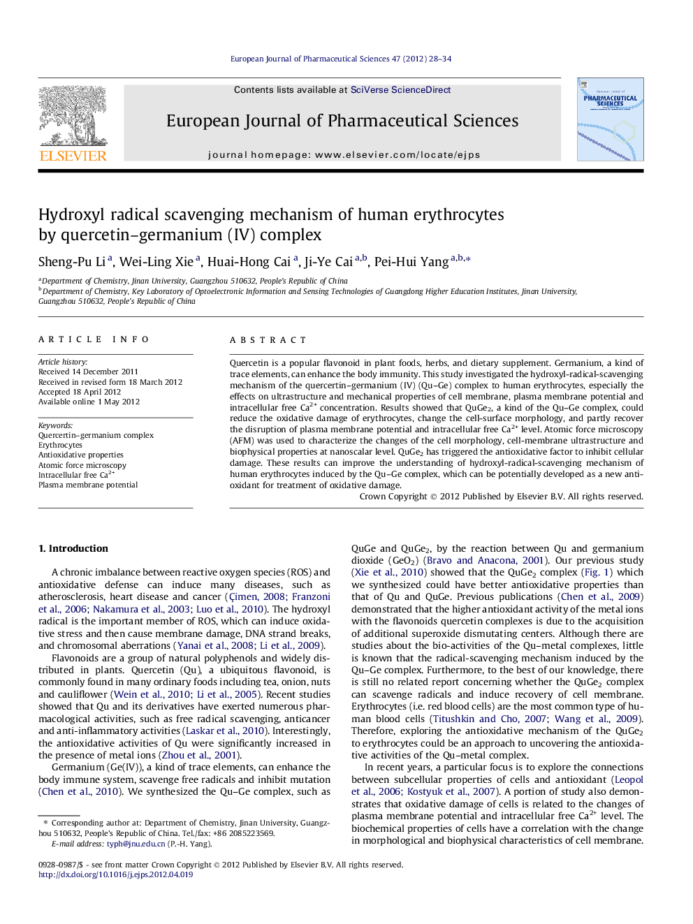 Hydroxyl radical scavenging mechanism of human erythrocytes by quercetin–germanium (IV) complex