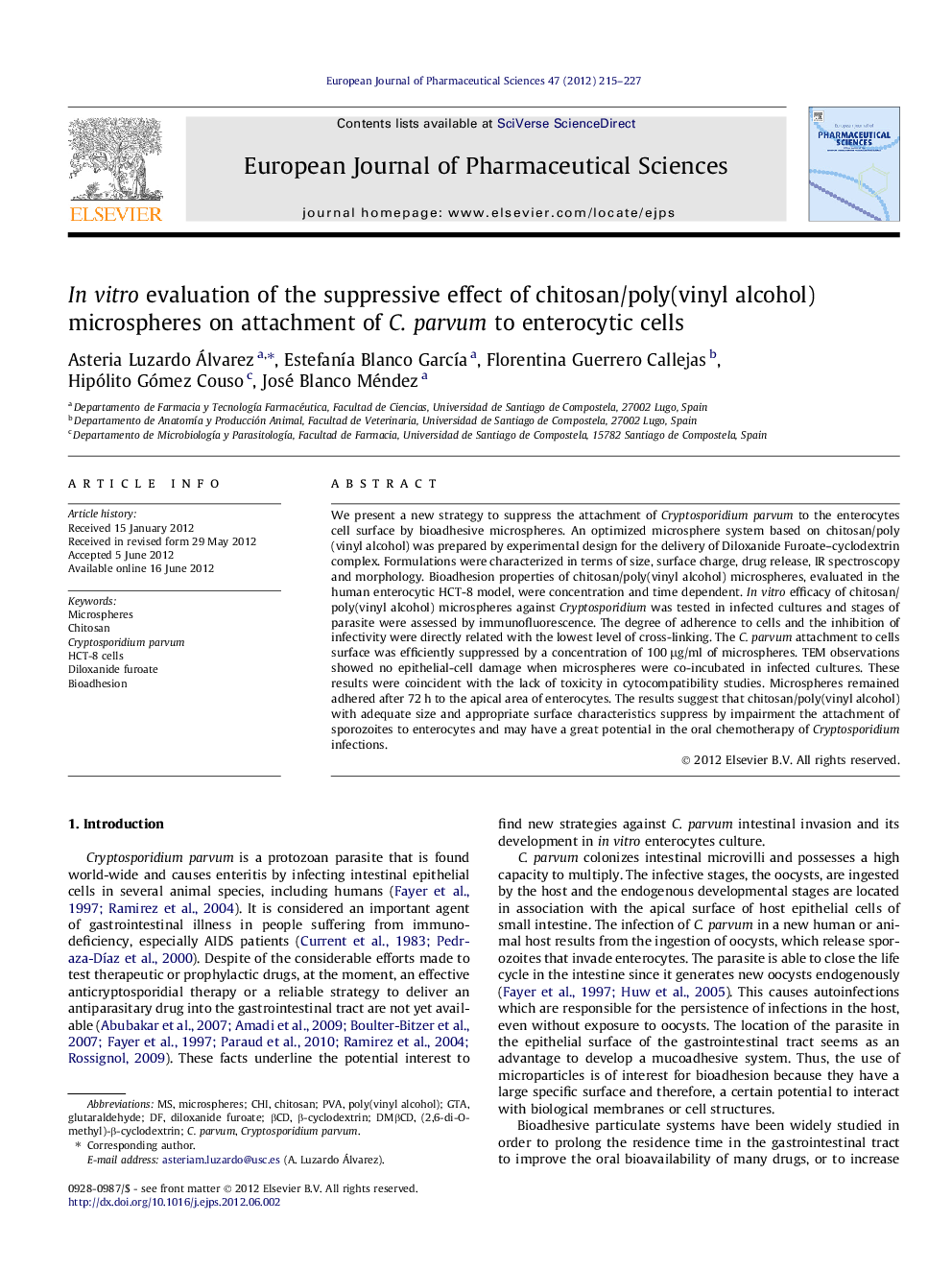 In vitro evaluation of the suppressive effect of chitosan/poly(vinyl alcohol) microspheres on attachment of C. parvum to enterocytic cells