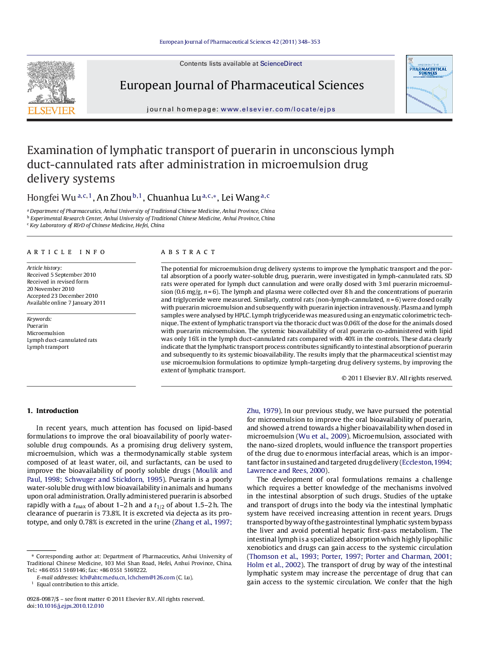 Examination of lymphatic transport of puerarin in unconscious lymph duct-cannulated rats after administration in microemulsion drug delivery systems