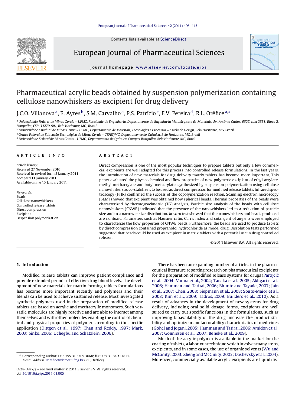 Pharmaceutical acrylic beads obtained by suspension polymerization containing cellulose nanowhiskers as excipient for drug delivery