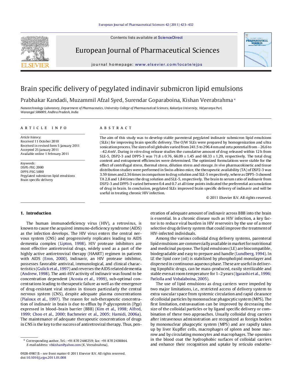 Brain specific delivery of pegylated indinavir submicron lipid emulsions