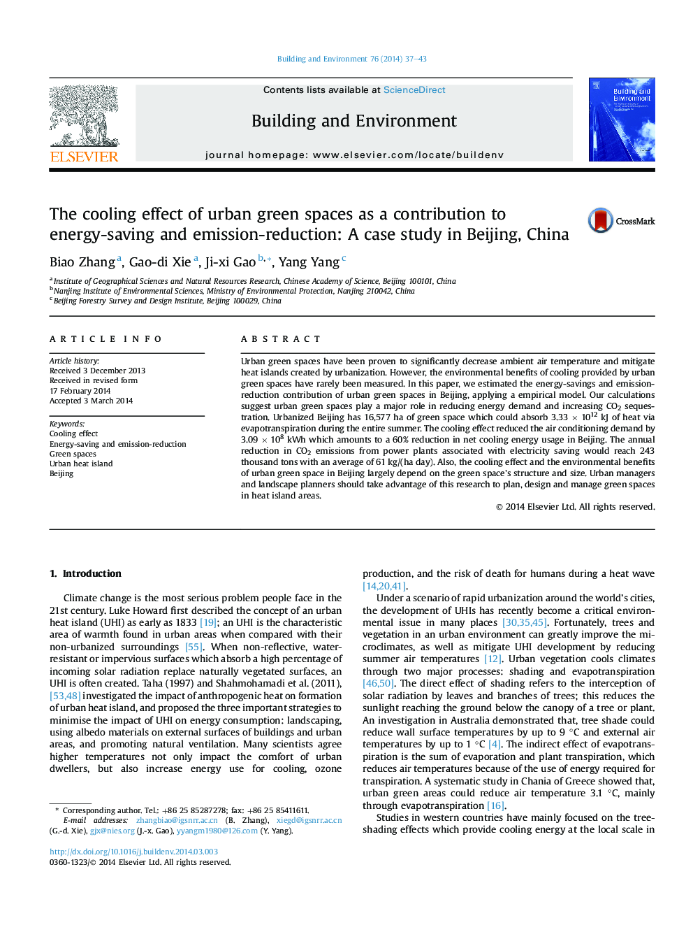 اثر خنک سازی فضاهای سبز شهری به عنوان کمک به صرفه جویی در انرژی و کاهش انتشار: مطالعه موردی در پکن، چین 