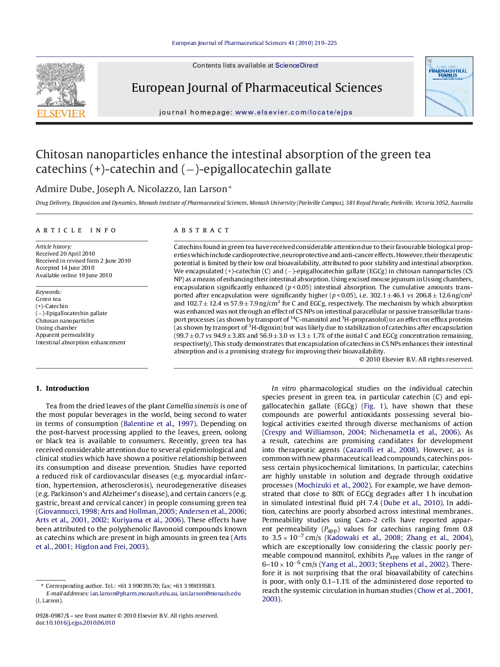 Chitosan nanoparticles enhance the intestinal absorption of the green tea catechins (+)-catechin and (−)-epigallocatechin gallate