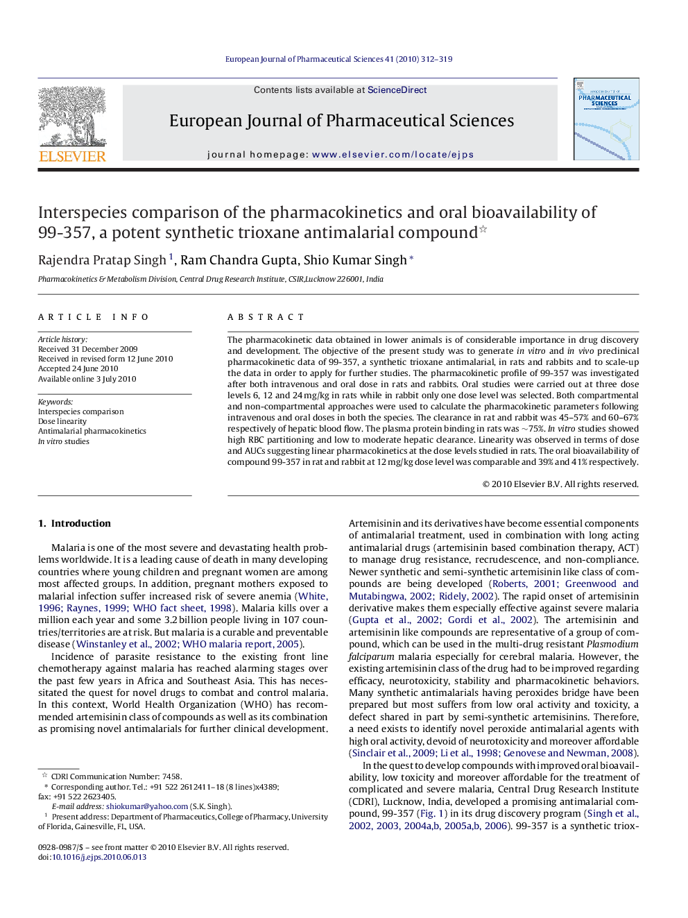 Interspecies comparison of the pharmacokinetics and oral bioavailability of 99-357, a potent synthetic trioxane antimalarial compound 