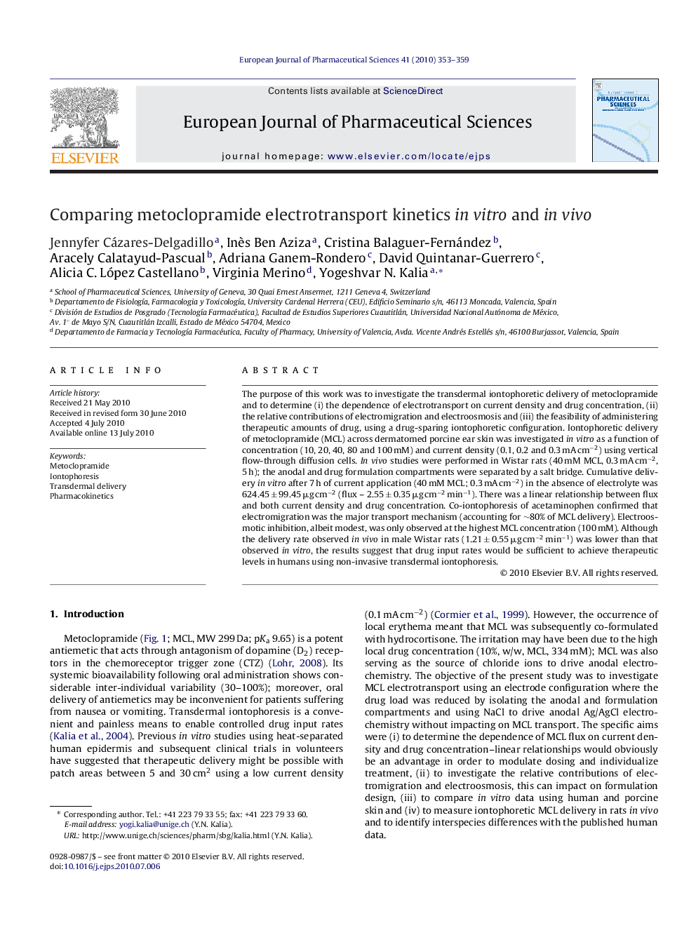 Comparing metoclopramide electrotransport kinetics in vitro and in vivo