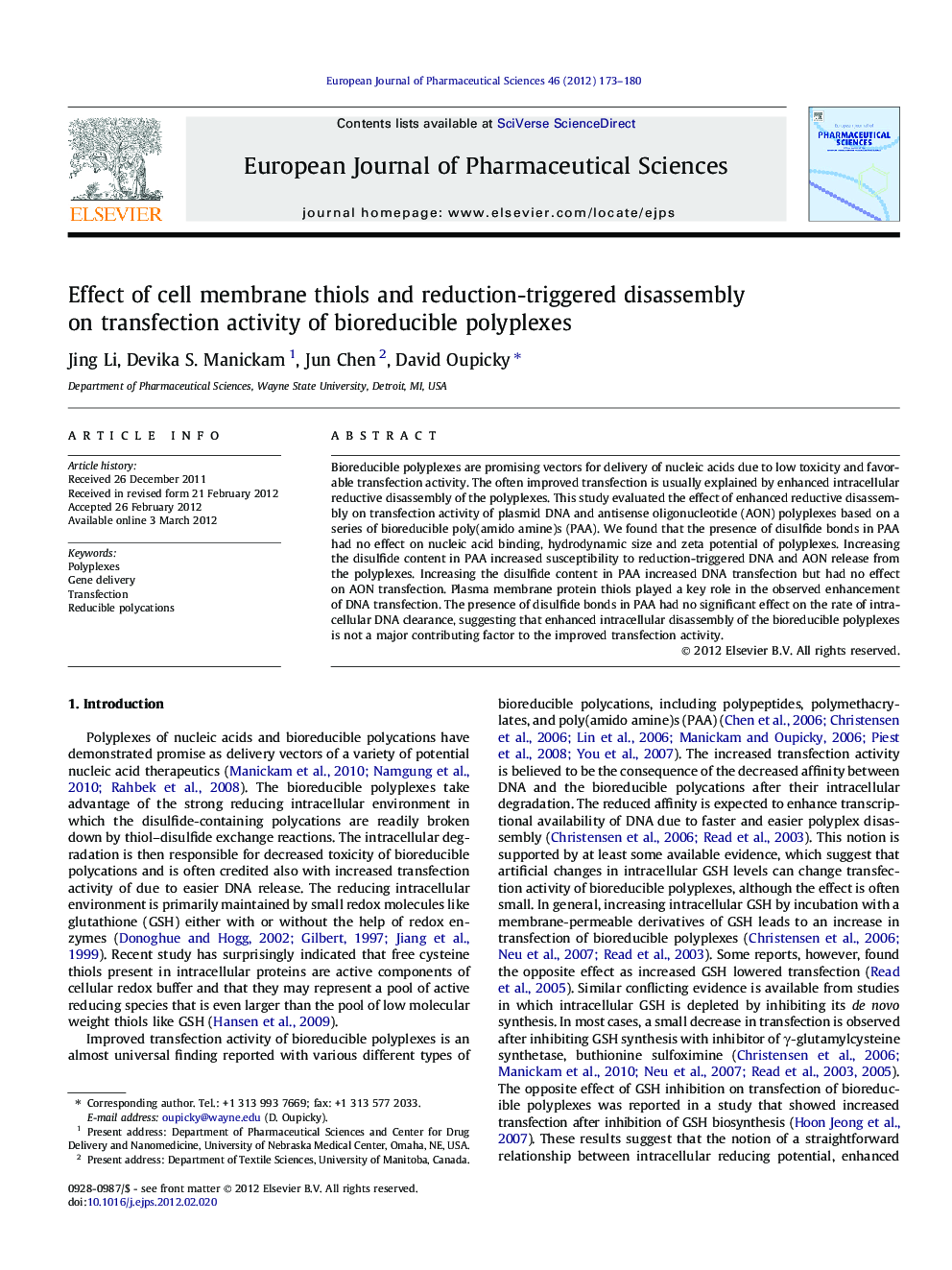 Effect of cell membrane thiols and reduction-triggered disassembly on transfection activity of bioreducible polyplexes