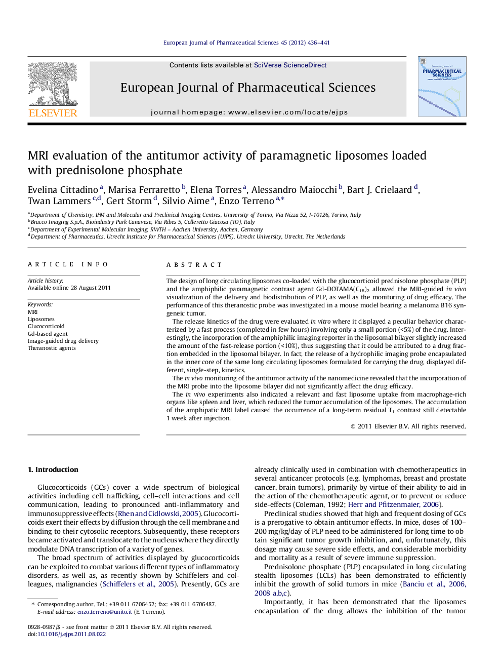 MRI evaluation of the antitumor activity of paramagnetic liposomes loaded with prednisolone phosphate