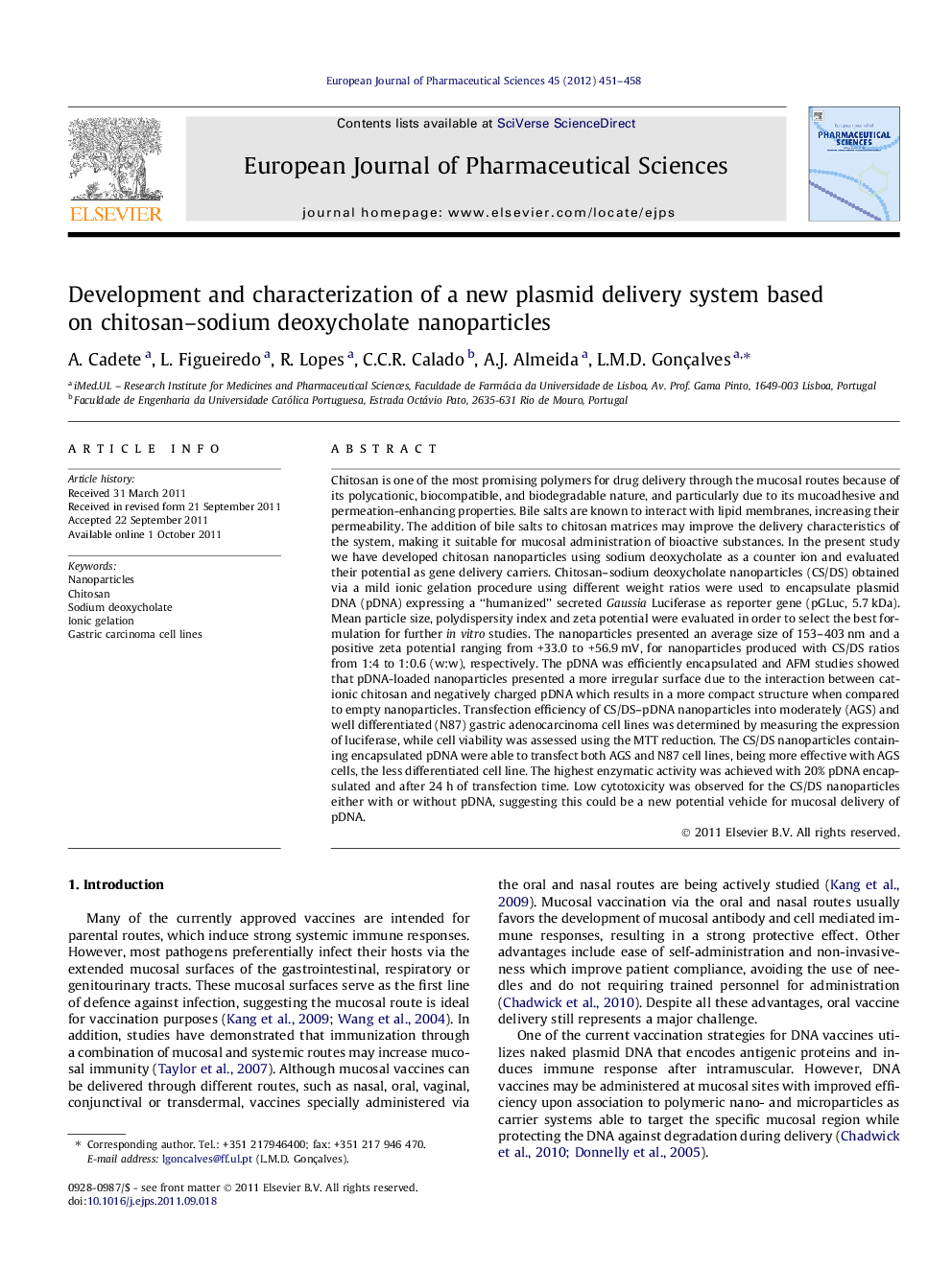 Development and characterization of a new plasmid delivery system based on chitosan–sodium deoxycholate nanoparticles