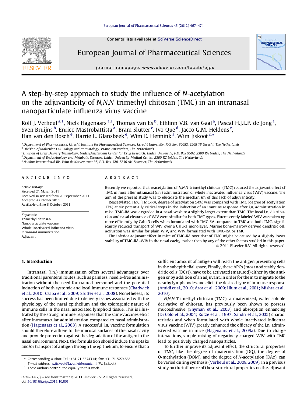 A step-by-step approach to study the influence of N-acetylation on the adjuvanticity of N,N,N-trimethyl chitosan (TMC) in an intranasal nanoparticulate influenza virus vaccine