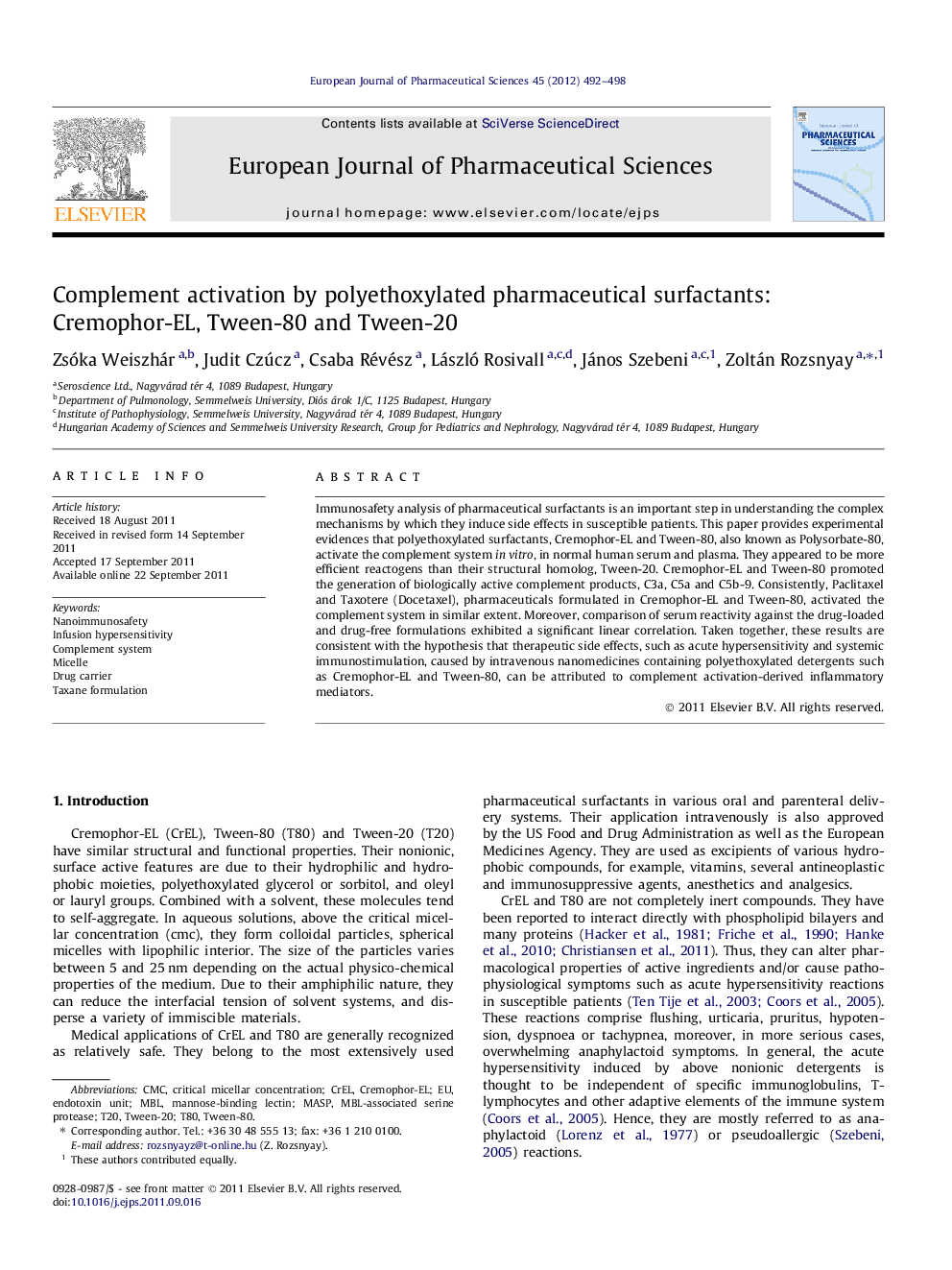 Complement activation by polyethoxylated pharmaceutical surfactants: Cremophor-EL, Tween-80 and Tween-20