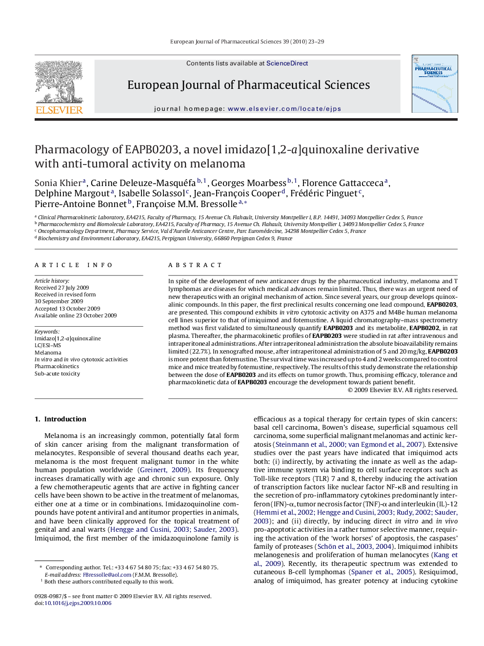 Pharmacology of EAPB0203, a novel imidazo[1,2-a]quinoxaline derivative with anti-tumoral activity on melanoma