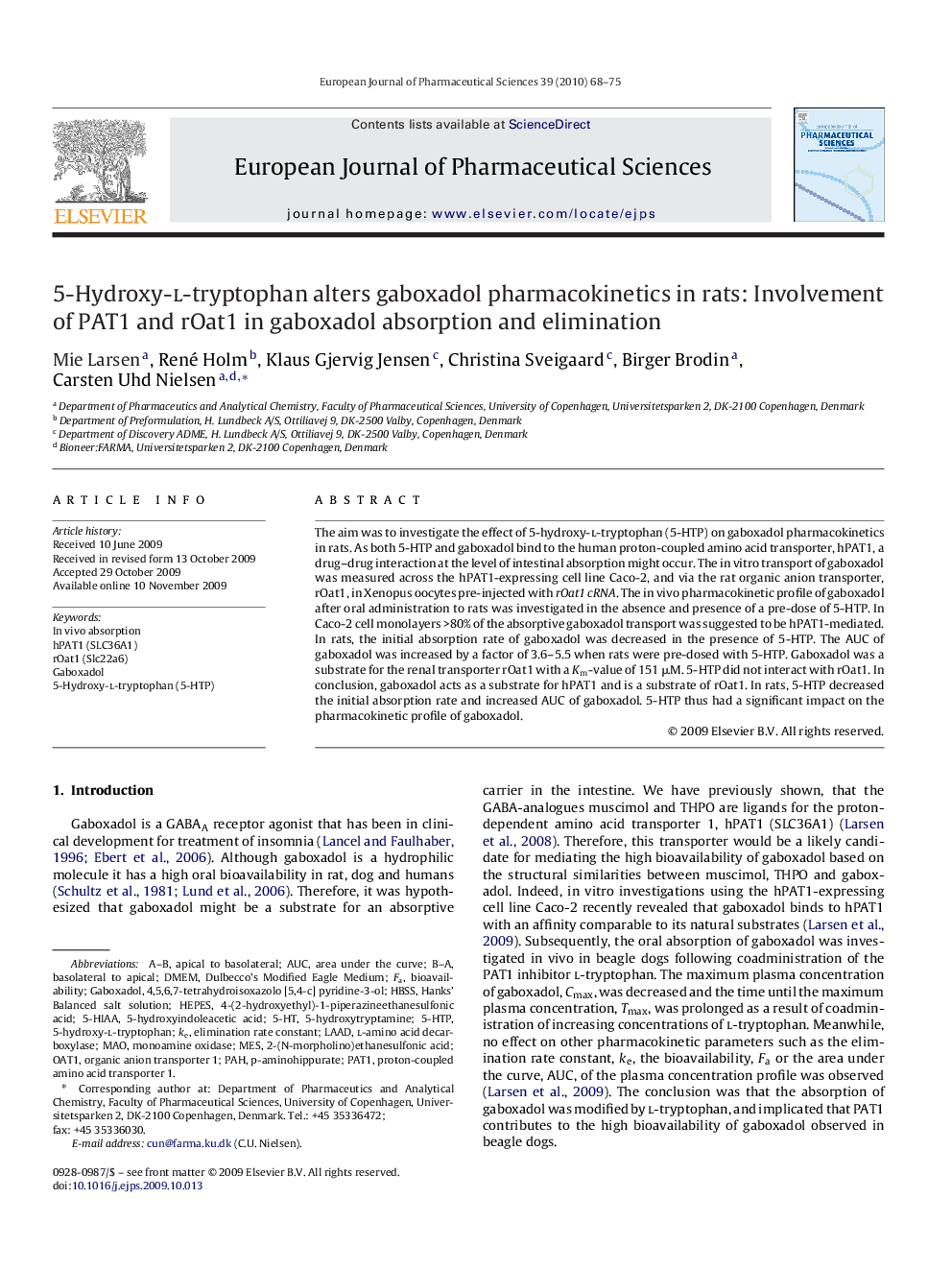 5-Hydroxy-l-tryptophan alters gaboxadol pharmacokinetics in rats: Involvement of PAT1 and rOat1 in gaboxadol absorption and elimination