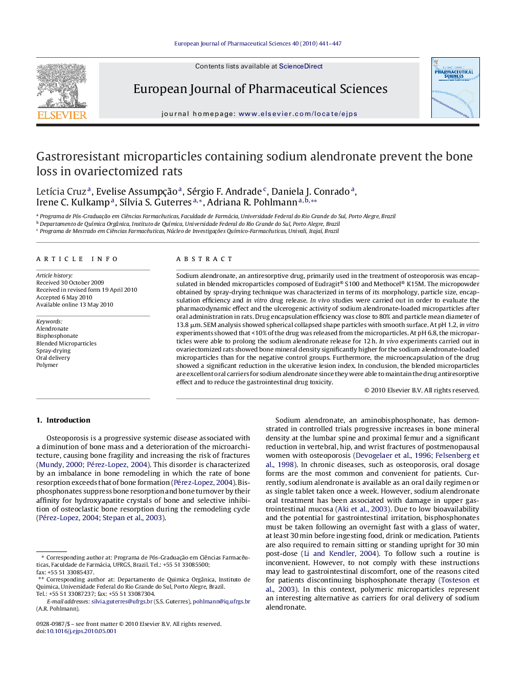 Gastroresistant microparticles containing sodium alendronate prevent the bone loss in ovariectomized rats