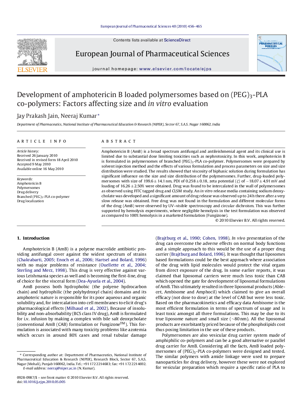 Development of amphotericin B loaded polymersomes based on (PEG)3-PLA co-polymers: Factors affecting size and in vitro evaluation