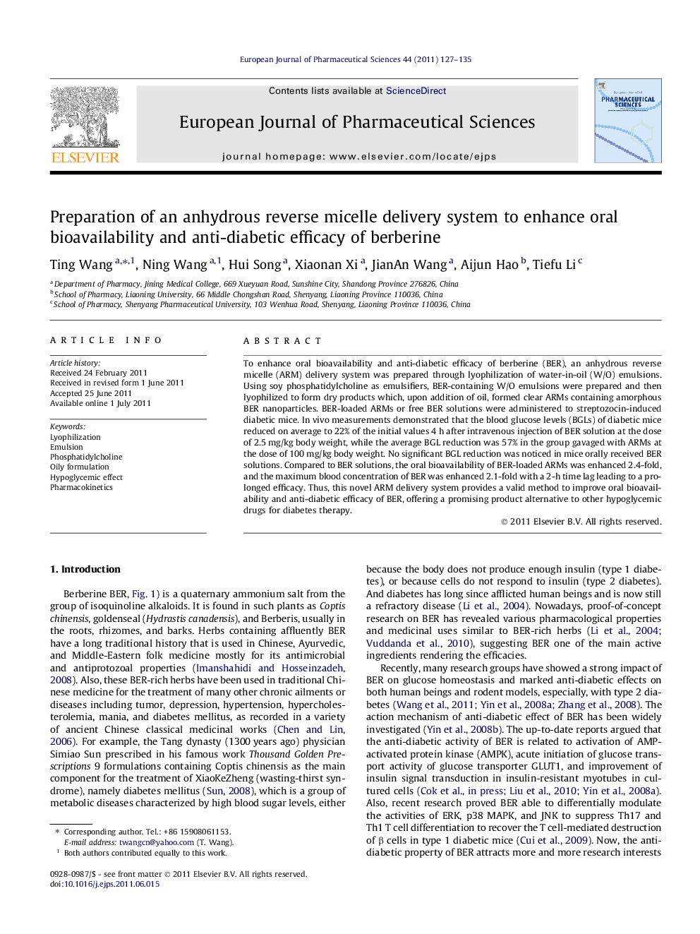 Preparation of an anhydrous reverse micelle delivery system to enhance oral bioavailability and anti-diabetic efficacy of berberine