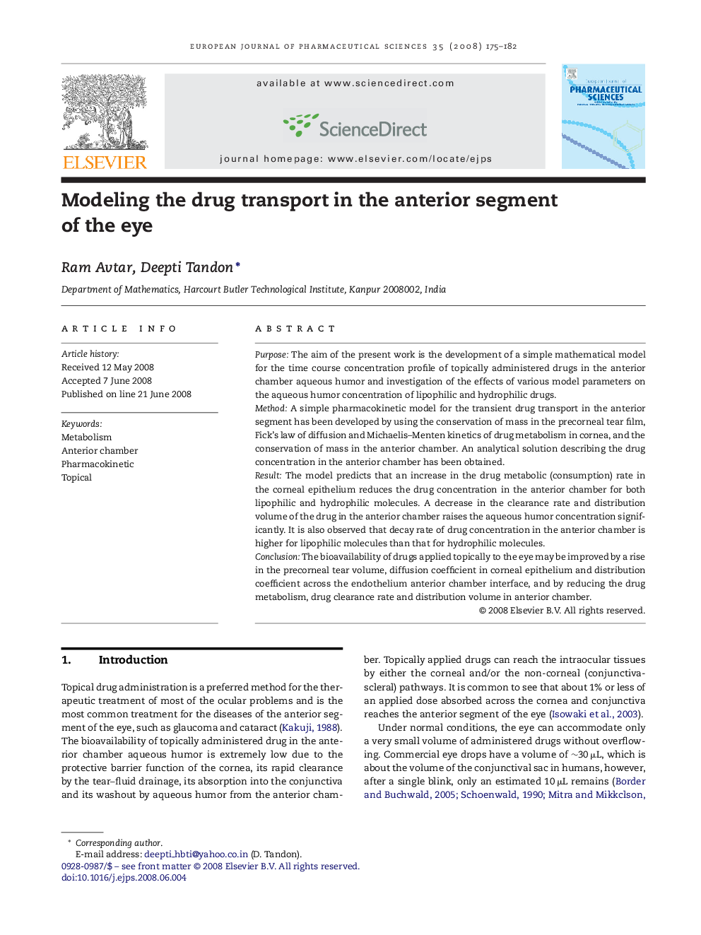 Modeling the drug transport in the anterior segment of the eye