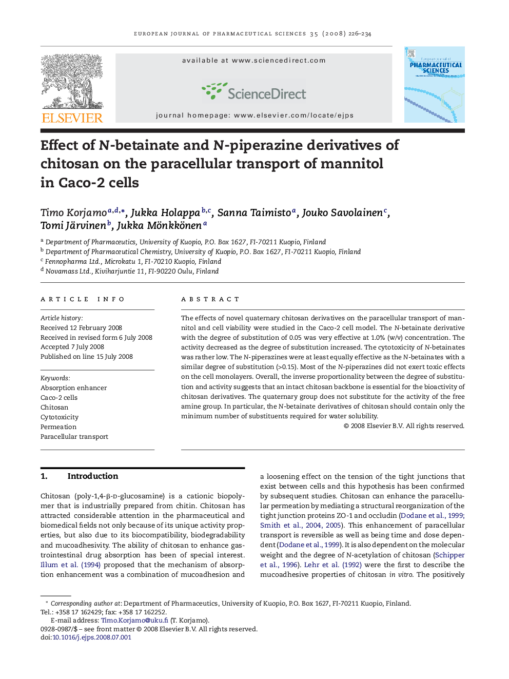 Effect of N-betainate and N-piperazine derivatives of chitosan on the paracellular transport of mannitol in Caco-2 cells