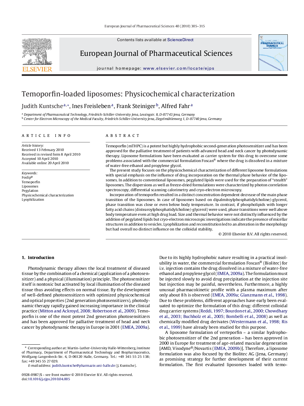 Temoporfin-loaded liposomes: Physicochemical characterization