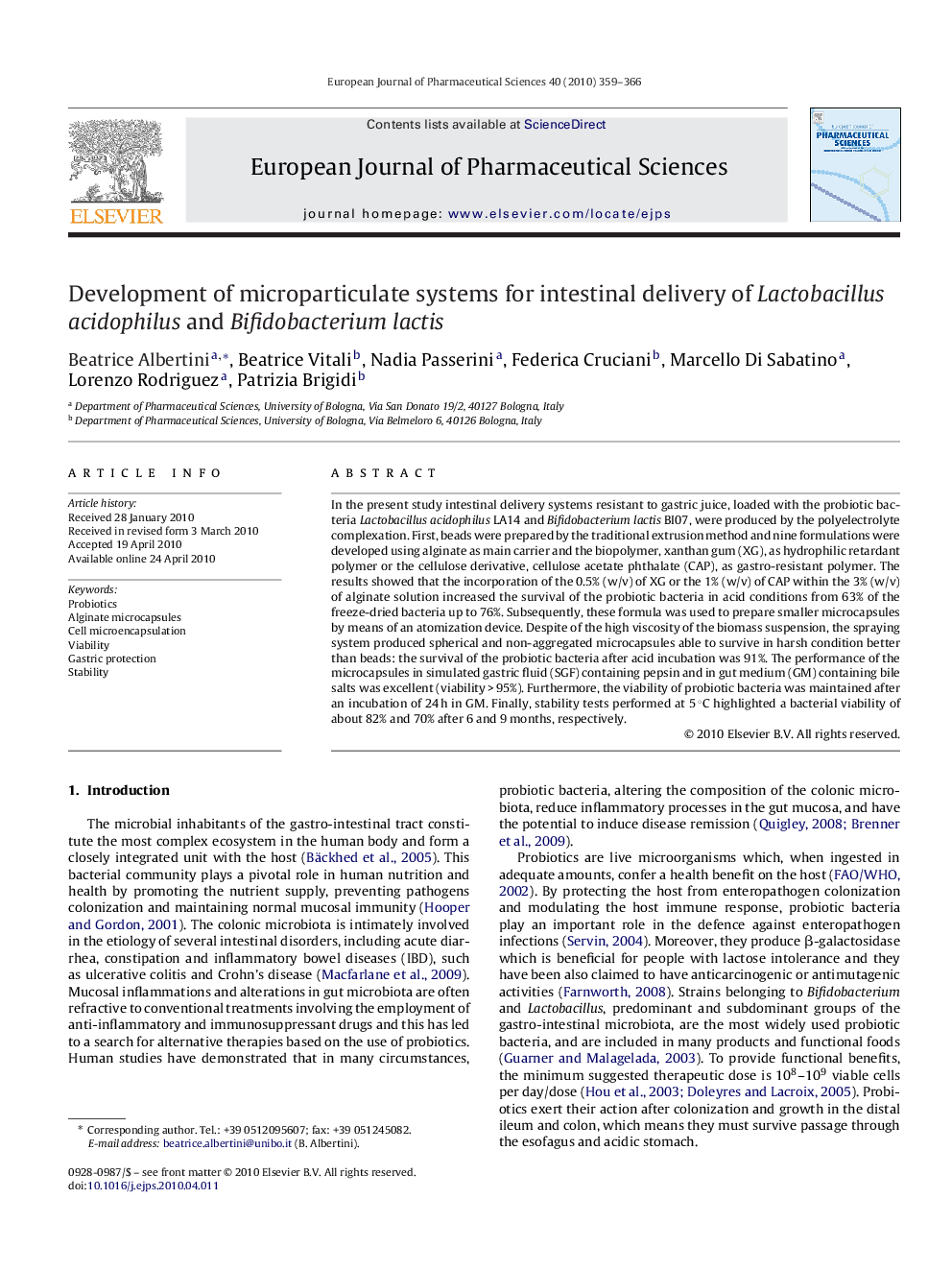 Development of microparticulate systems for intestinal delivery of Lactobacillus acidophilus and Bifidobacterium lactis