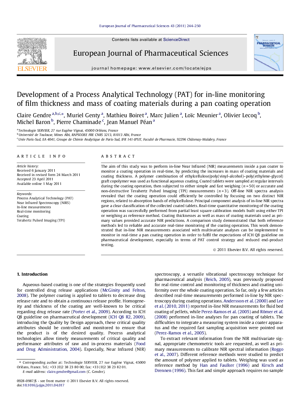 Development of a Process Analytical Technology (PAT) for in-line monitoring of film thickness and mass of coating materials during a pan coating operation