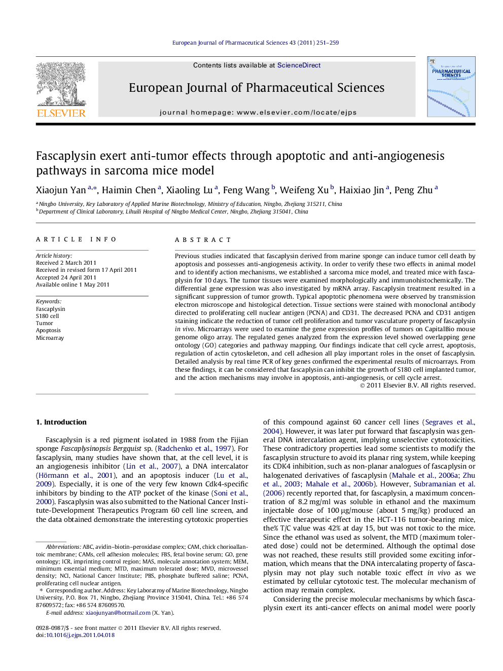 Fascaplysin exert anti-tumor effects through apoptotic and anti-angiogenesis pathways in sarcoma mice model