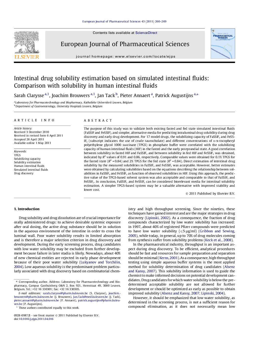 Intestinal drug solubility estimation based on simulated intestinal fluids: Comparison with solubility in human intestinal fluids