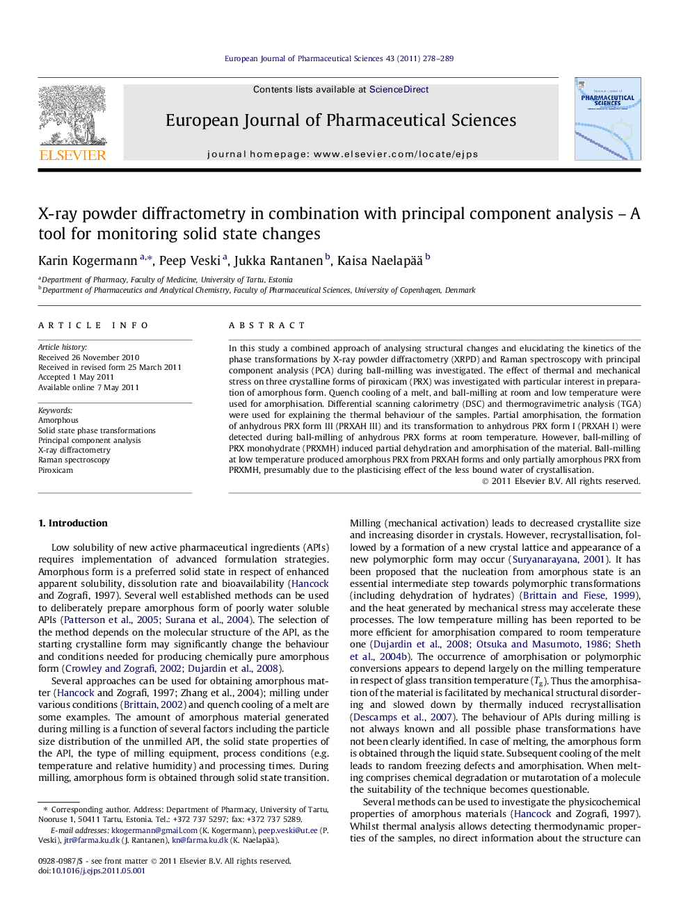 X-ray powder diffractometry in combination with principal component analysis – A tool for monitoring solid state changes