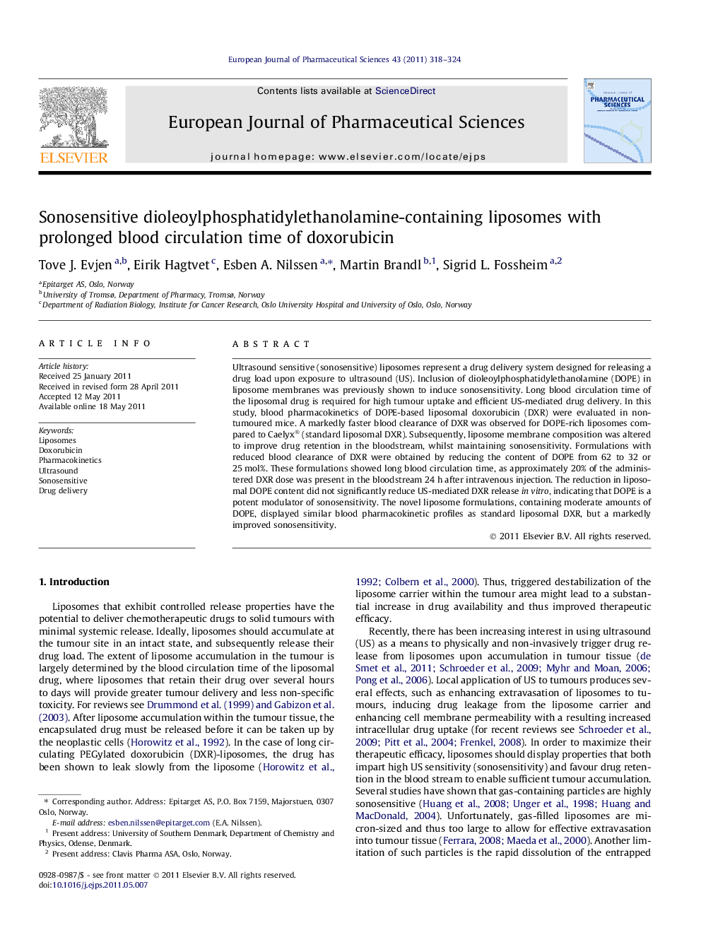Sonosensitive dioleoylphosphatidylethanolamine-containing liposomes with prolonged blood circulation time of doxorubicin