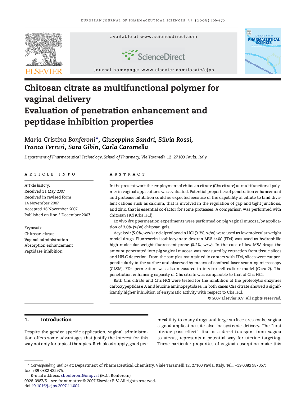 Chitosan citrate as multifunctional polymer for vaginal delivery: Evaluation of penetration enhancement and peptidase inhibition properties