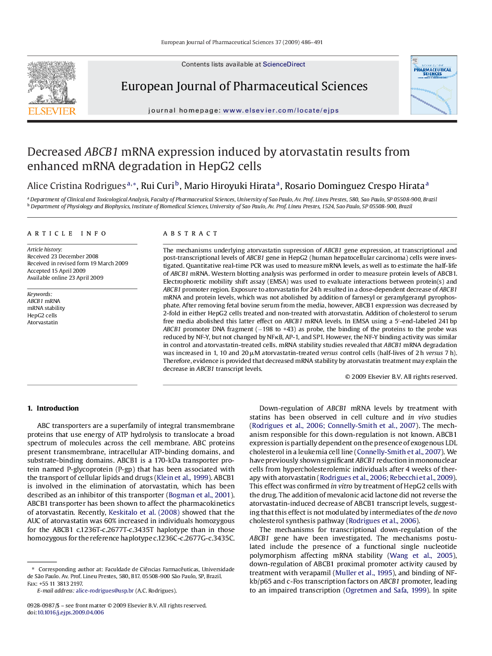 Decreased ABCB1 mRNA expression induced by atorvastatin results from enhanced mRNA degradation in HepG2 cells