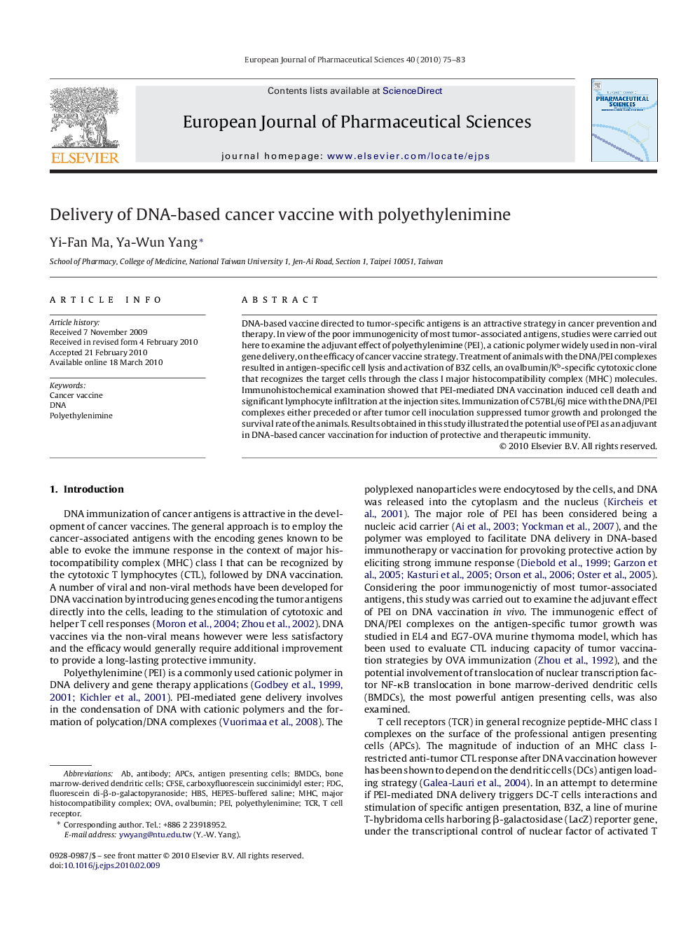 Delivery of DNA-based cancer vaccine with polyethylenimine