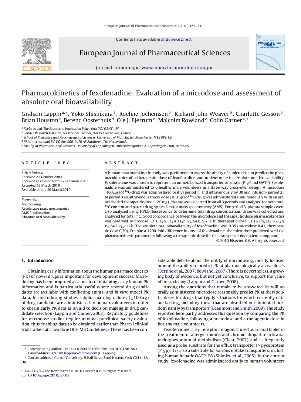 Pharmacokinetics of fexofenadine: Evaluation of a microdose and assessment of absolute oral bioavailability