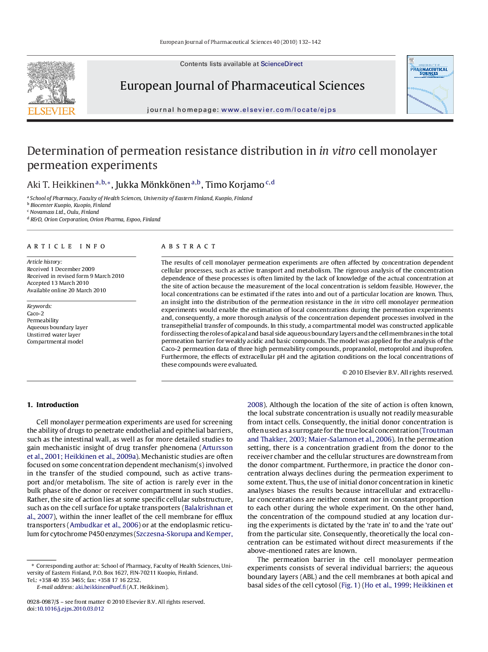 Determination of permeation resistance distribution in in vitro cell monolayer permeation experiments