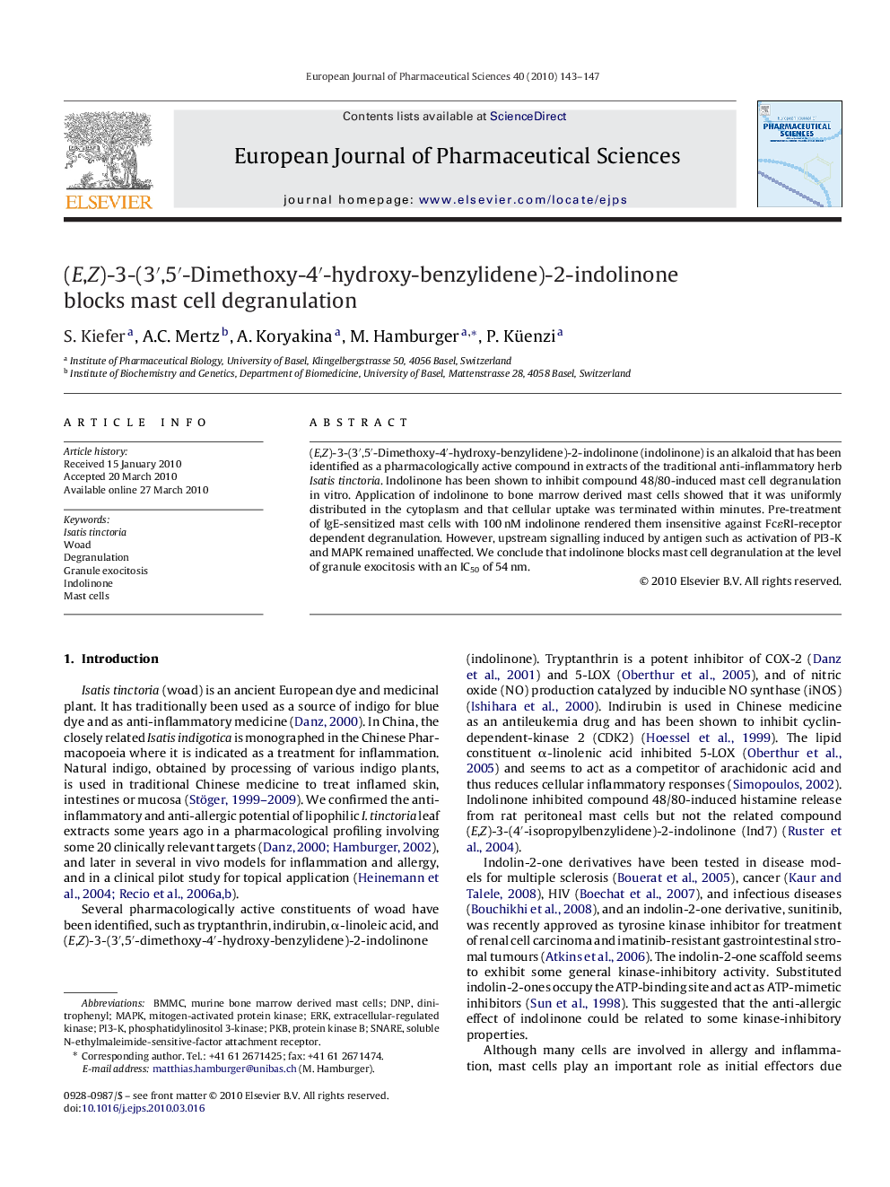 (E,Z)-3-(3′,5′-Dimethoxy-4′-hydroxy-benzylidene)-2-indolinone blocks mast cell degranulation