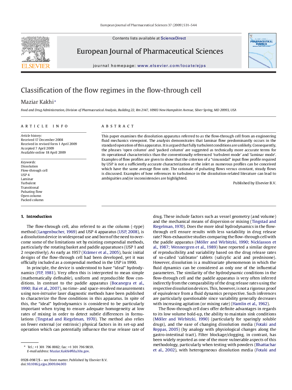 Classification of the flow regimes in the flow-through cell