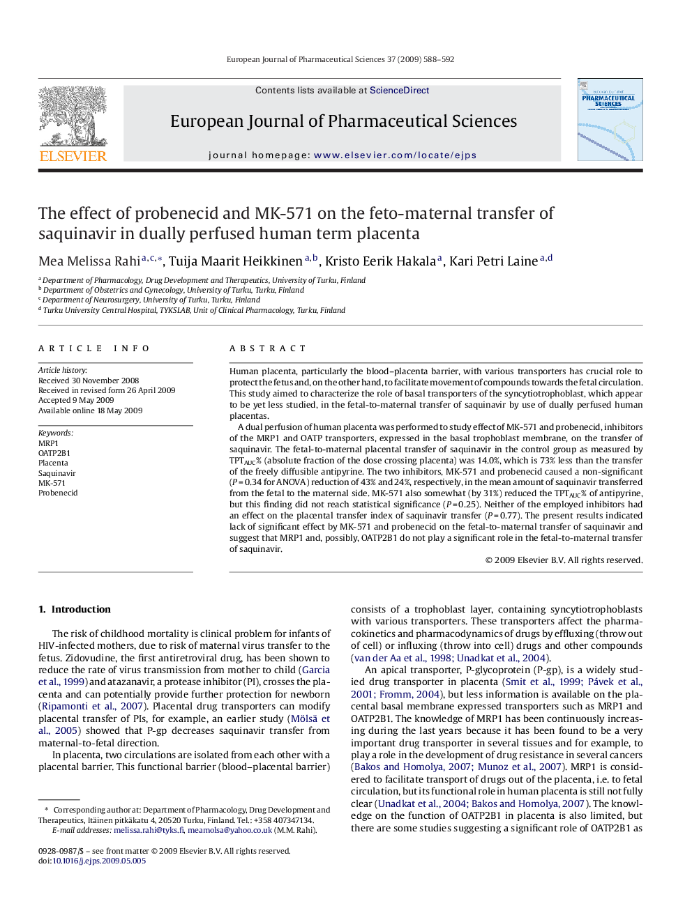 The effect of probenecid and MK-571 on the feto-maternal transfer of saquinavir in dually perfused human term placenta