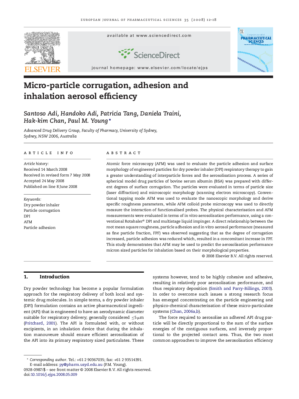 Micro-particle corrugation, adhesion and inhalation aerosol efficiency