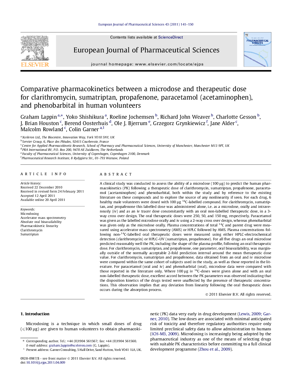 Comparative pharmacokinetics between a microdose and therapeutic dose for clarithromycin, sumatriptan, propafenone, paracetamol (acetaminophen), and phenobarbital in human volunteers