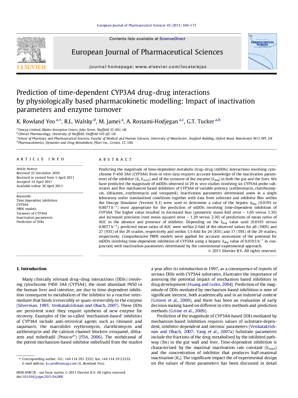 Prediction of time-dependent CYP3A4 drug–drug interactions by physiologically based pharmacokinetic modelling: Impact of inactivation parameters and enzyme turnover