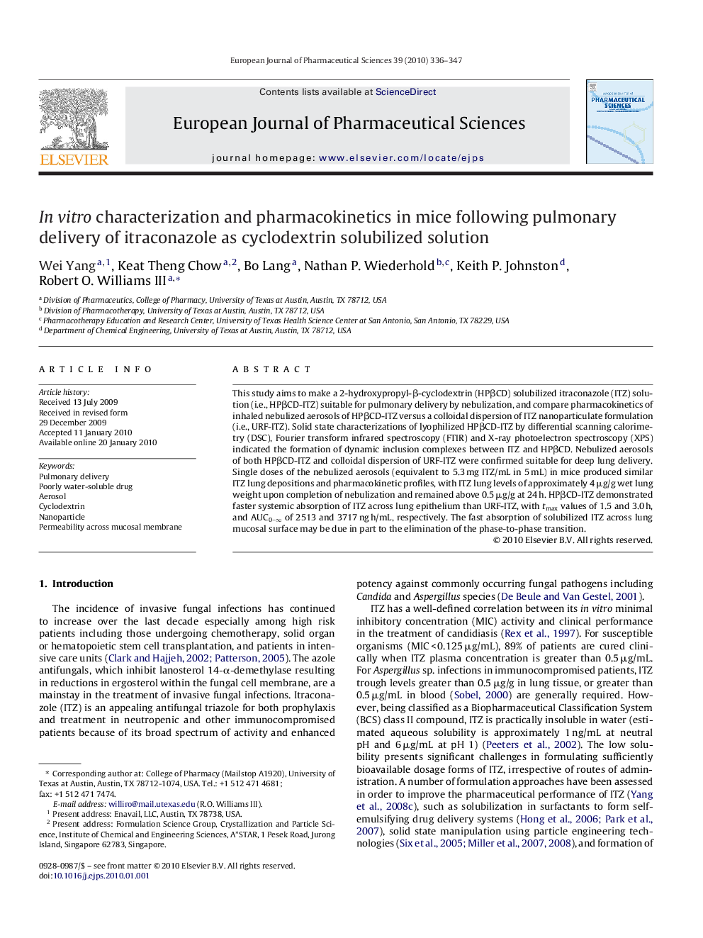 In vitro characterization and pharmacokinetics in mice following pulmonary delivery of itraconazole as cyclodextrin solubilized solution